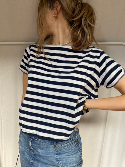 Preloved Boxy Shirt Blockstreifen blau schwarz weiß S-M