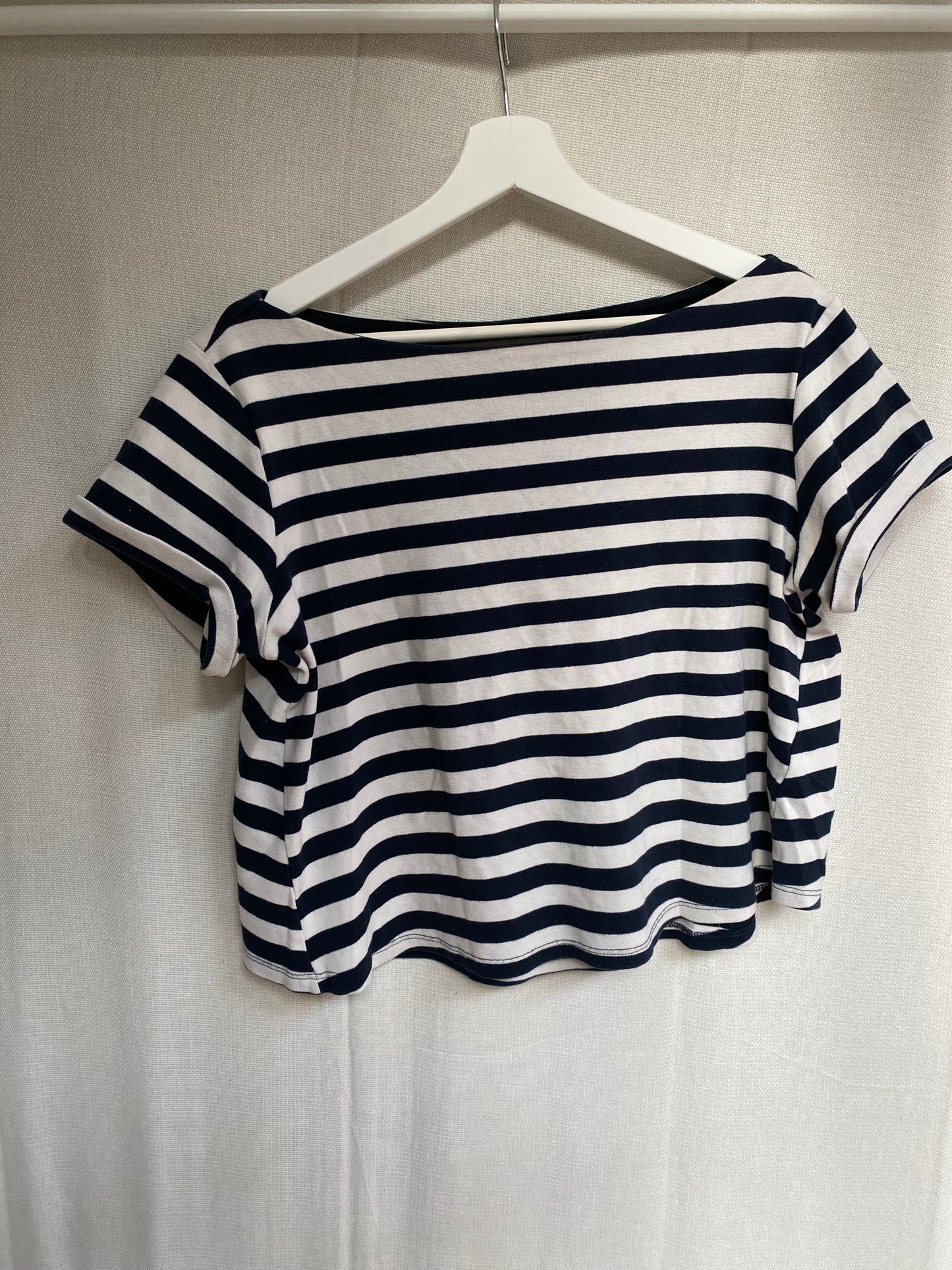 Preloved Boxy Shirt Blockstreifen blau schwarz weiß S-M