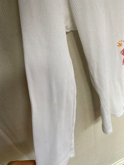 Retro Rippstrick Shirt in weiß mit Perlen-Verzierung, S