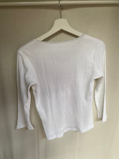 Retro Rippstrick Shirt in weiß mit Perlen-Verzierung, S