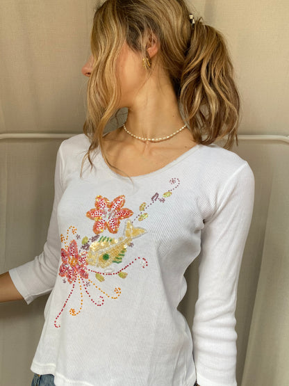 Retro Rippstrick Shirt in weiß mit Perlen-Verzierung, S