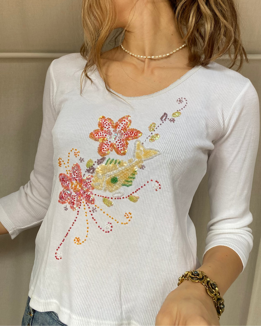 Retro Rippstrick Shirt in weiß mit Perlen-Verzierung, S