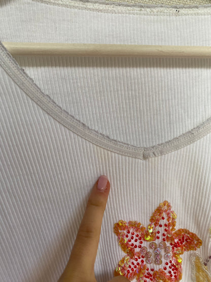 Retro Rippstrick Shirt in weiß mit Perlen-Verzierung, S