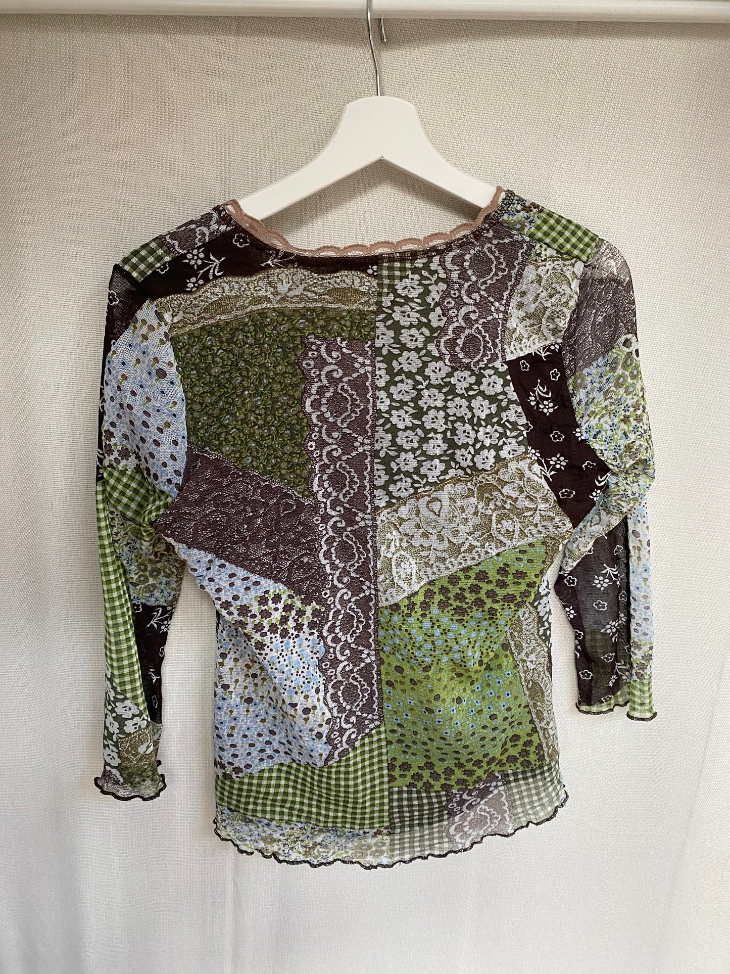 Retro Wickelstil Mesh Shirt halb transparent in braun-grün, S-M