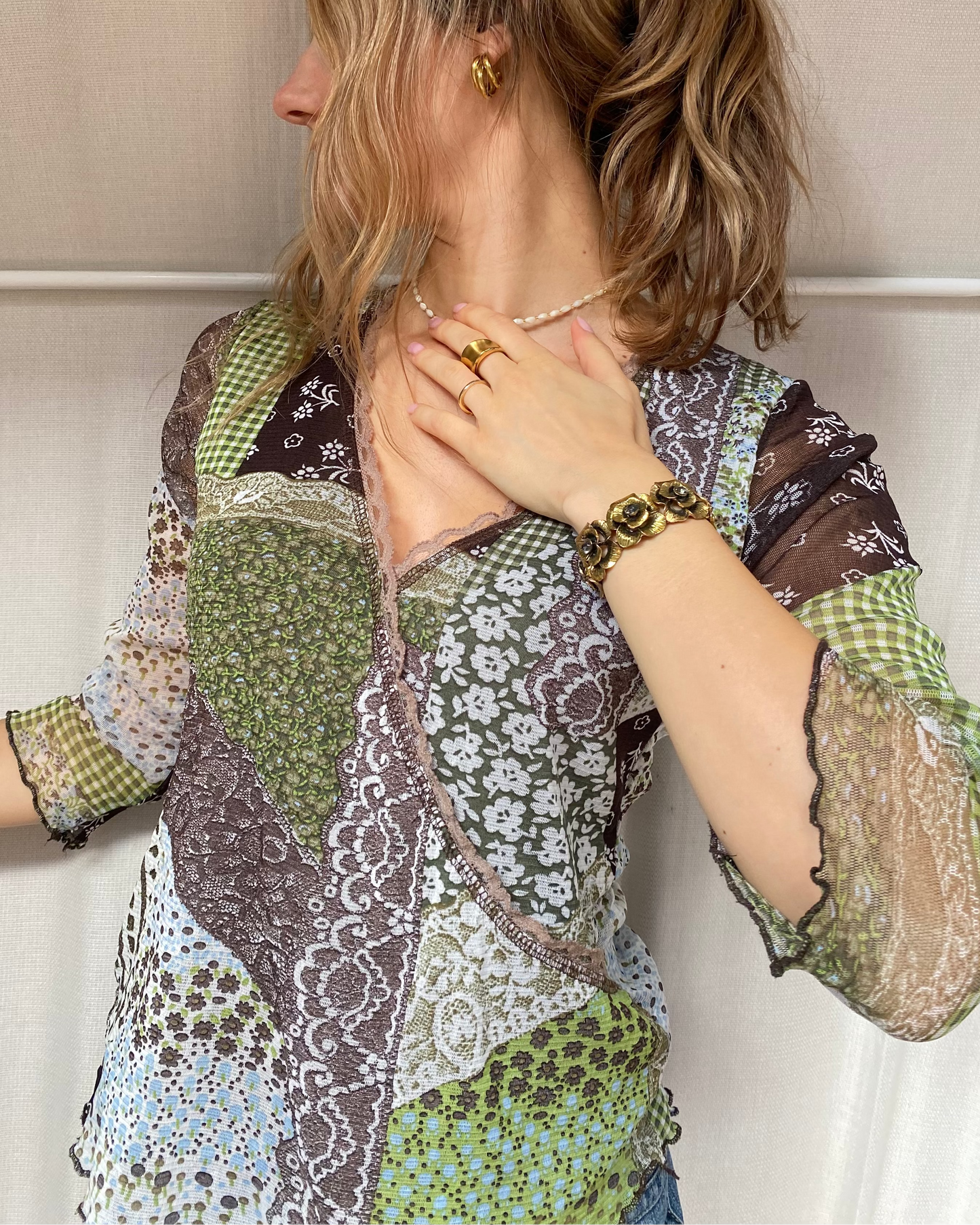 Retro Wickelstil Mesh Shirt halb transparent in braun-grün, S-M