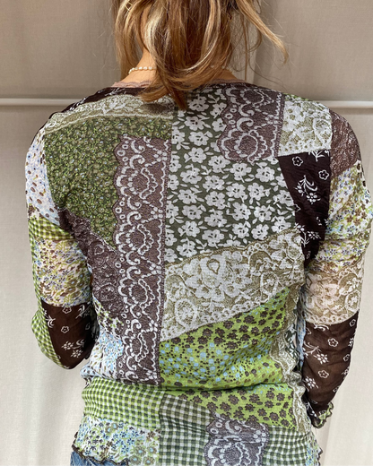 Retro Wickelstil Mesh Shirt halb transparent in braun-grün, S-M