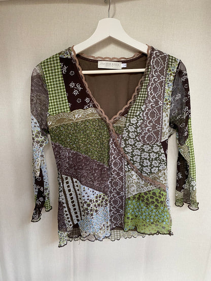 Retro Wickelstil Mesh Shirt halb transparent in braun-grün, S-M