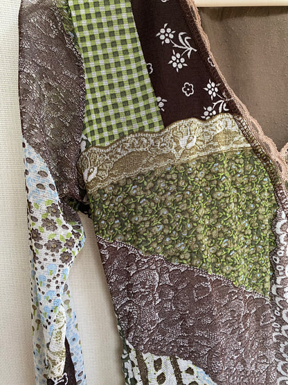 Retro Wickelstil Mesh Shirt halb transparent in braun-grün, S-M