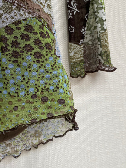 Retro Wickelstil Mesh Shirt halb transparent in braun-grün, S-M