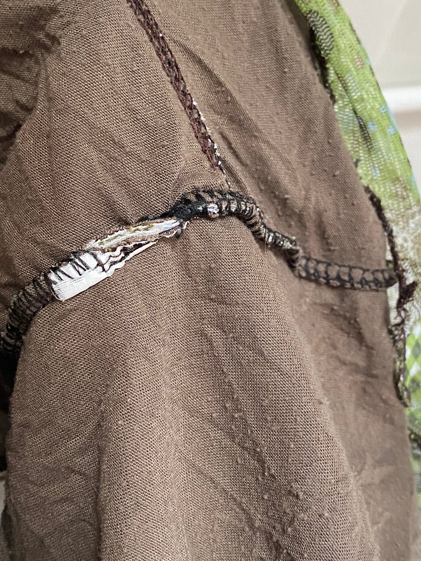 Retro Wickelstil Mesh Shirt halb transparent in braun-grün, S-M