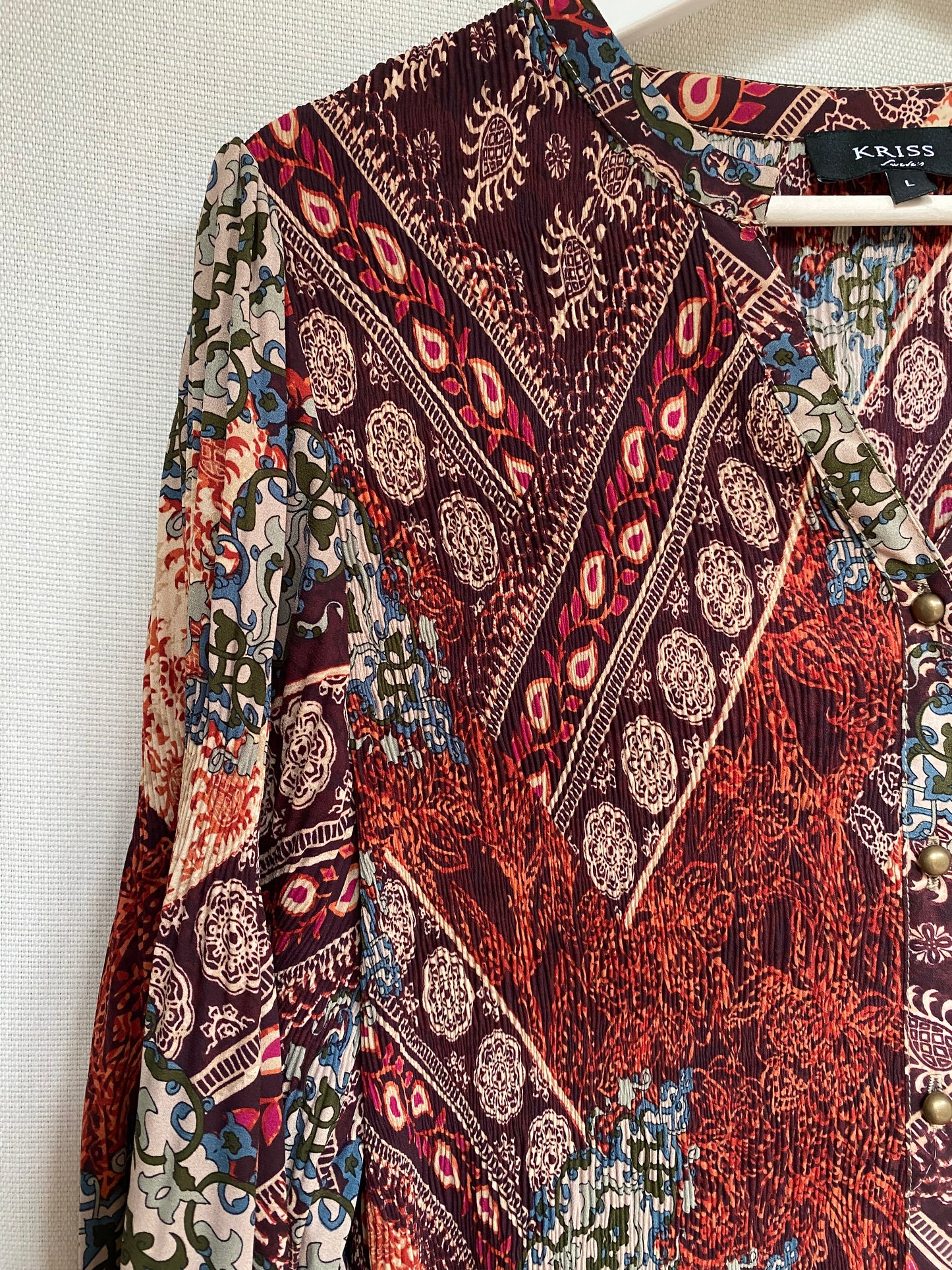 Kriss Sweden Tunika Bluse, plissiert und bunt gemustert, L