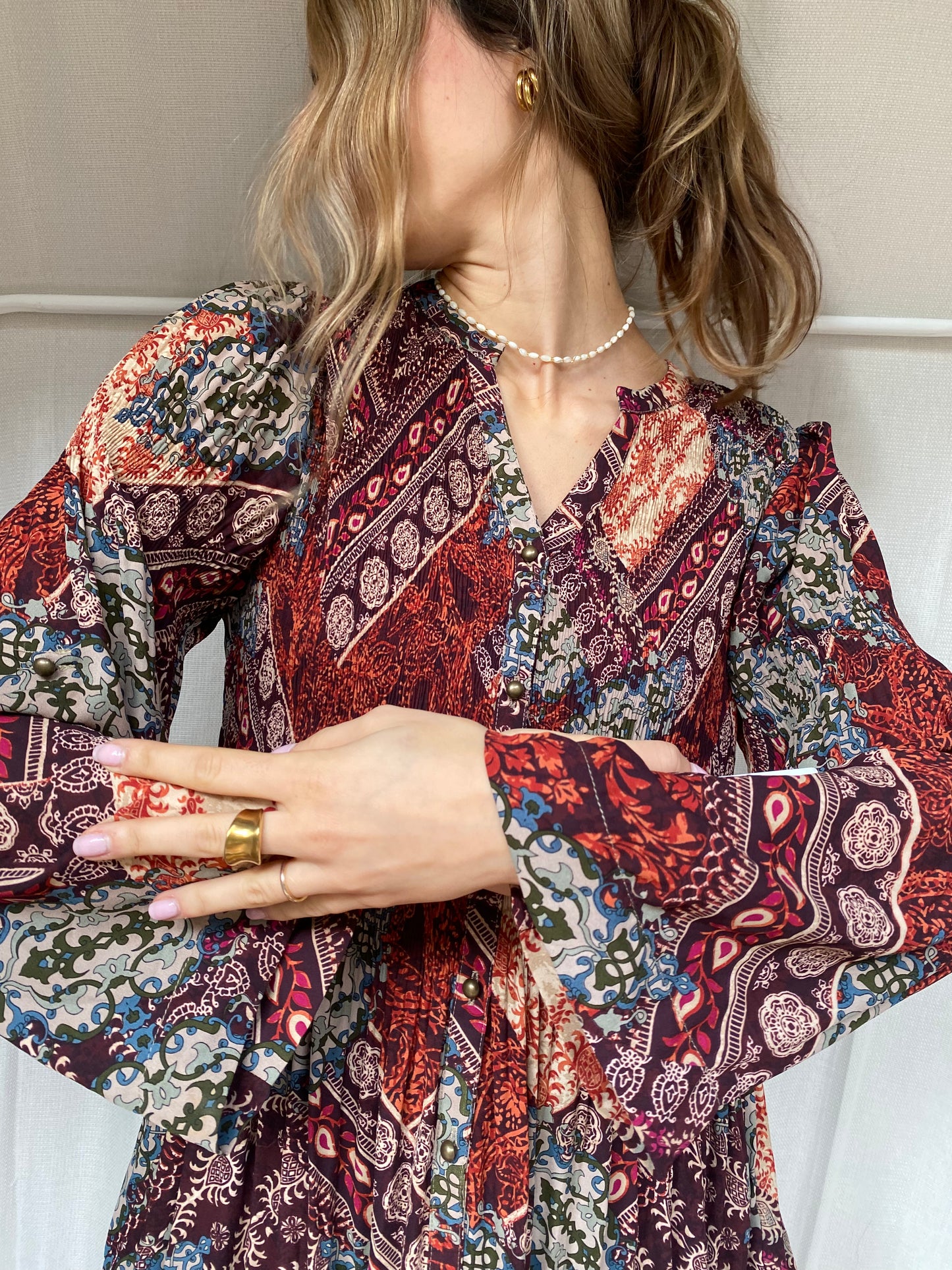 Kriss Sweden Tunika Bluse, plissiert und bunt gemustert, L