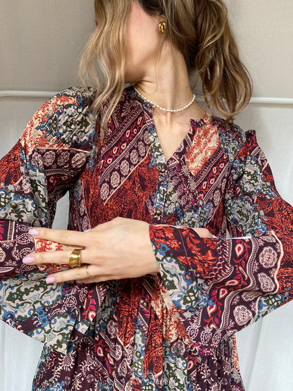 Kriss Sweden Tunika Bluse, plissiert und bunt gemustert, L