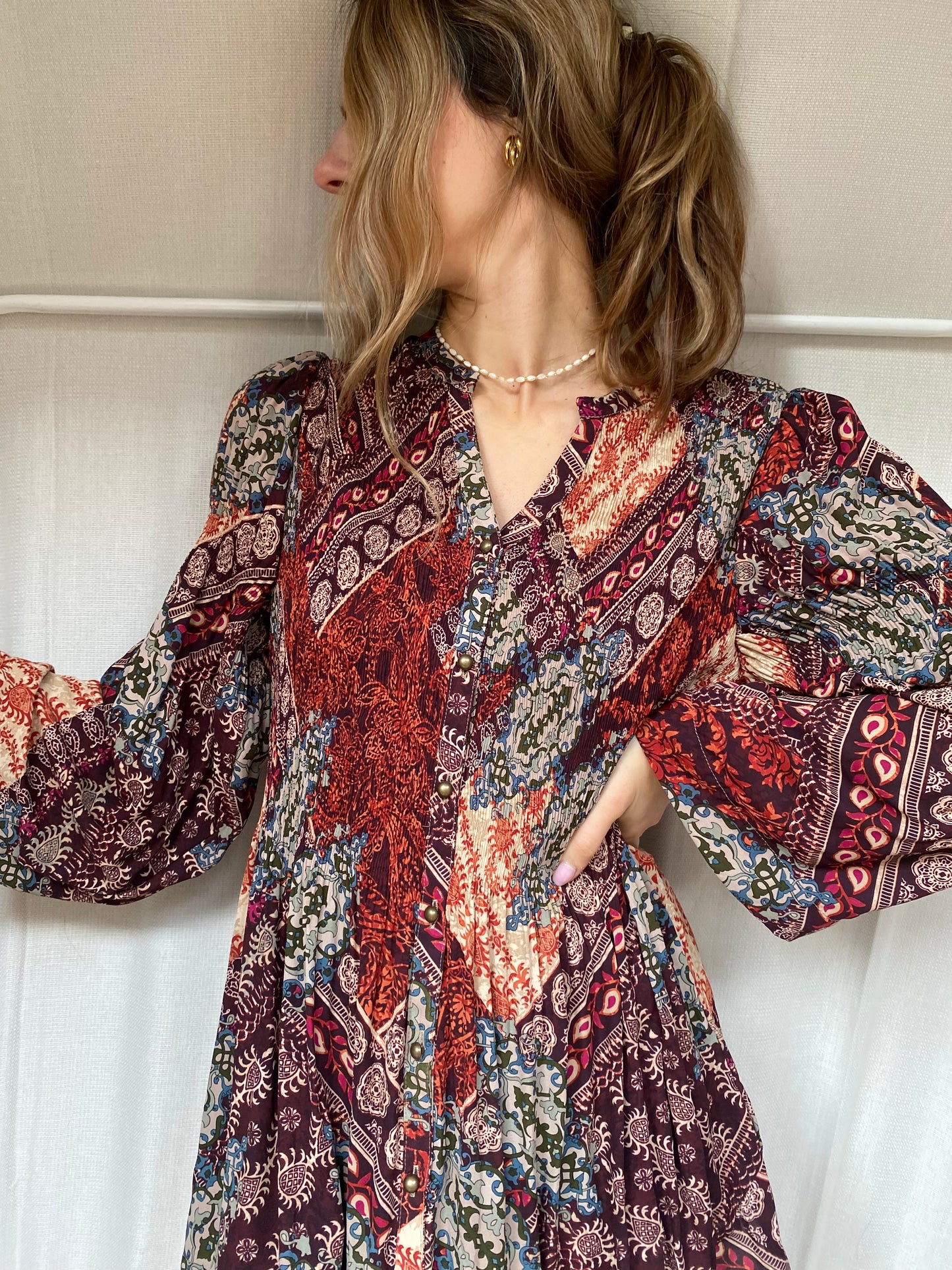 Kriss Sweden Tunika Bluse, plissiert und bunt gemustert, L