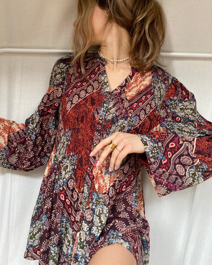 Kriss Sweden Tunika Bluse, plissiert und bunt gemustert, L