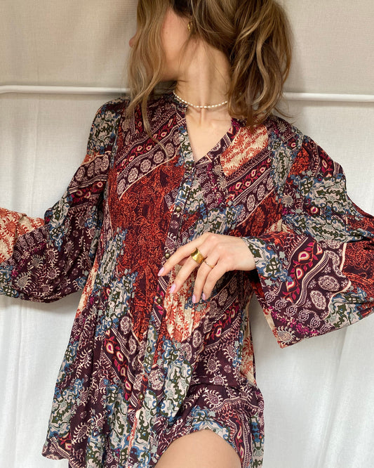 Kriss Sweden Tunika Bluse, plissiert und bunt gemustert, L