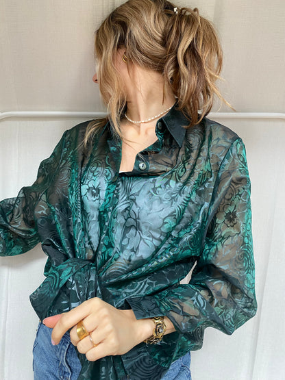 Transparente Bluse in dunkelgrün mit seidig glänzendem Muster, Onesize
