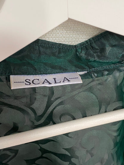 Transparente Bluse in dunkelgrün mit seidig glänzendem Muster, Onesize