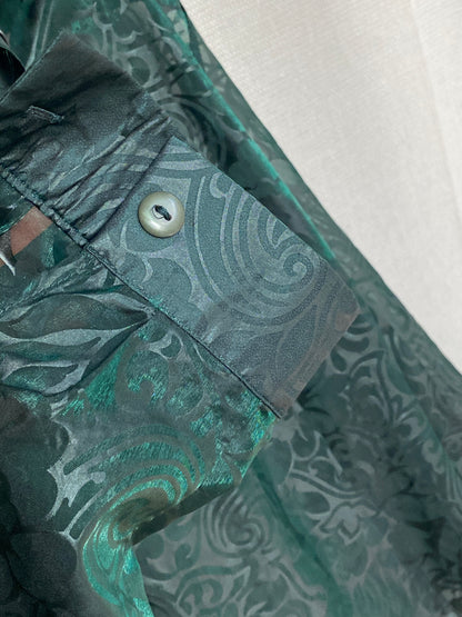 Transparente Bluse in dunkelgrün mit seidig glänzendem Muster, Onesize
