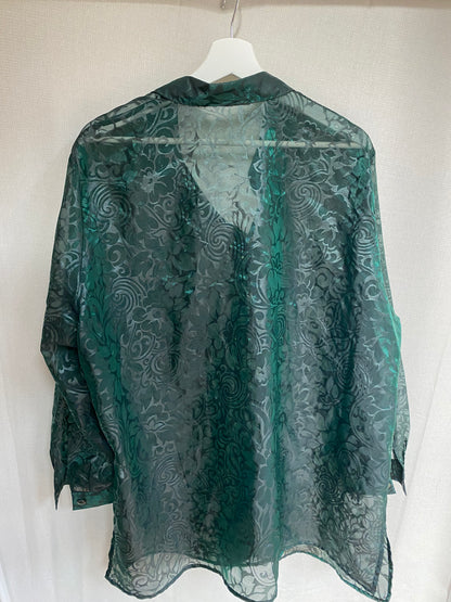 Transparente Bluse in dunkelgrün mit seidig glänzendem Muster, Onesize