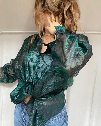 Transparente Bluse in dunkelgrün mit seidig glänzendem Muster, Onesize