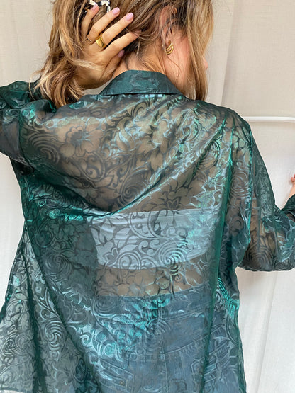 Transparente Bluse in dunkelgrün mit seidig glänzendem Muster, Onesize