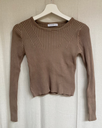 Stradivarius Longsleeve Shirt in taupe hellbraun, Rippstrick, S