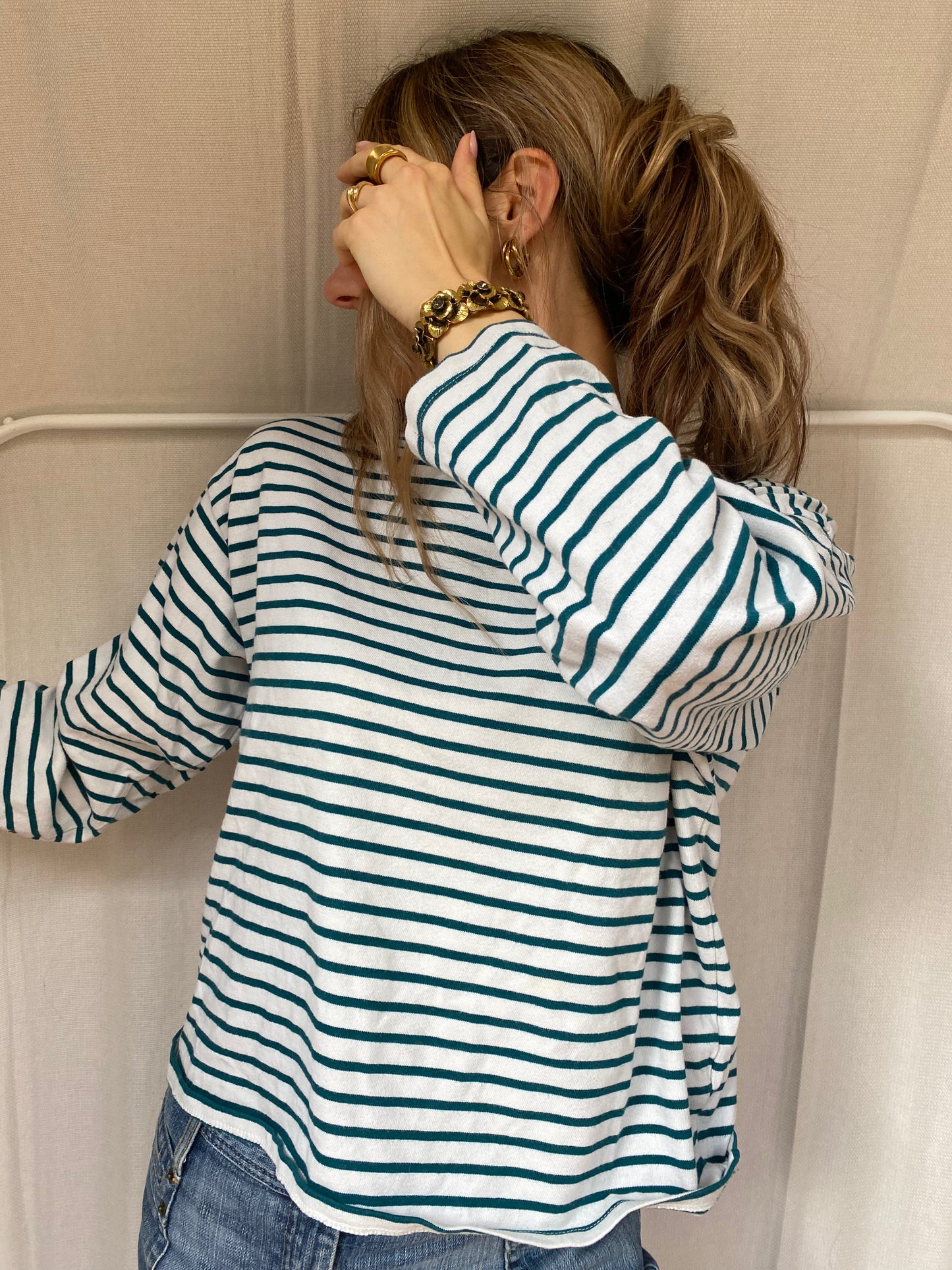 Lockeres Streifen Longsleeve Pull & Bear, weiß grün, baggy, S