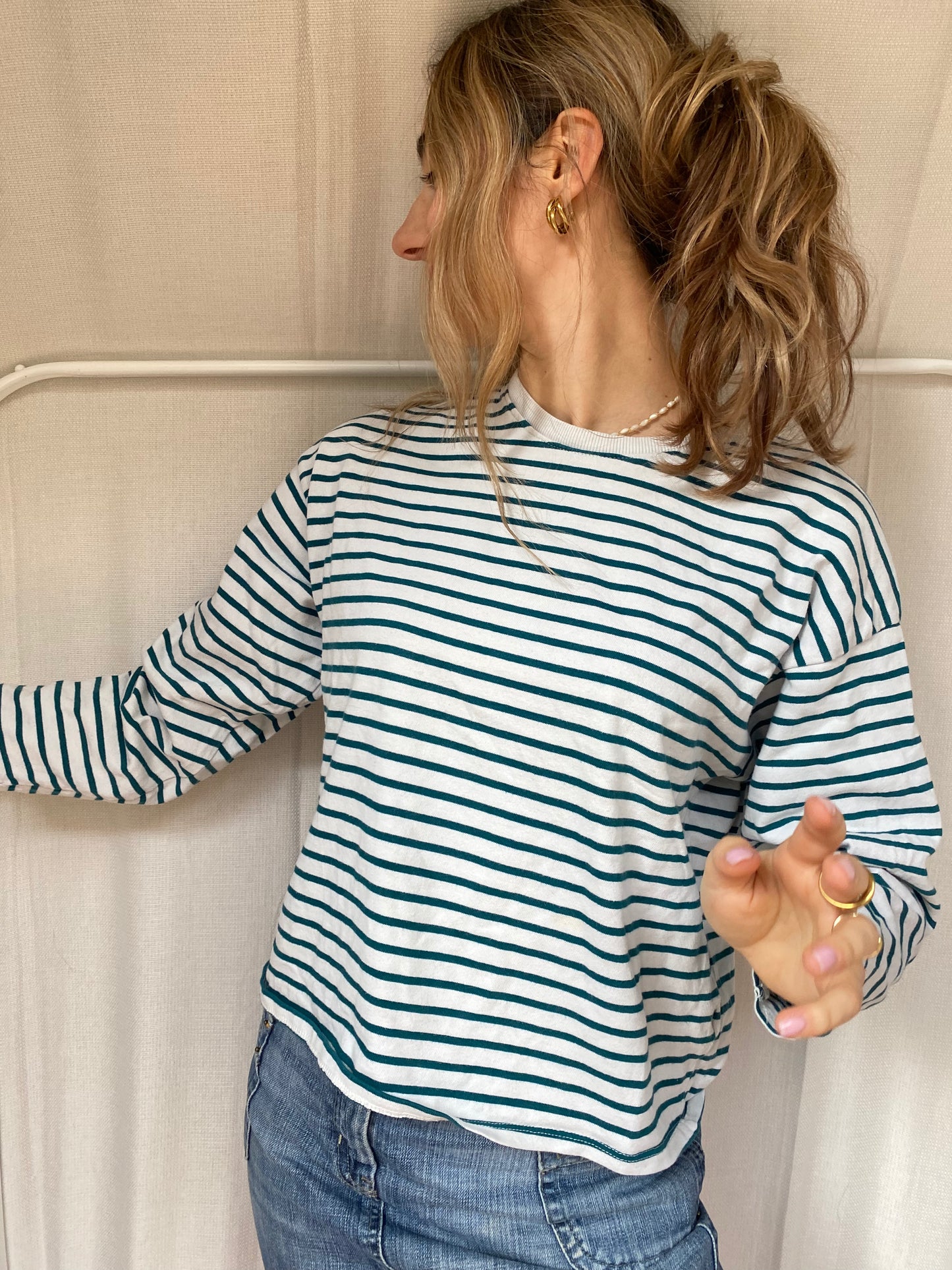 Lockeres Streifen Longsleeve Pull & Bear, weiß grün, baggy, S