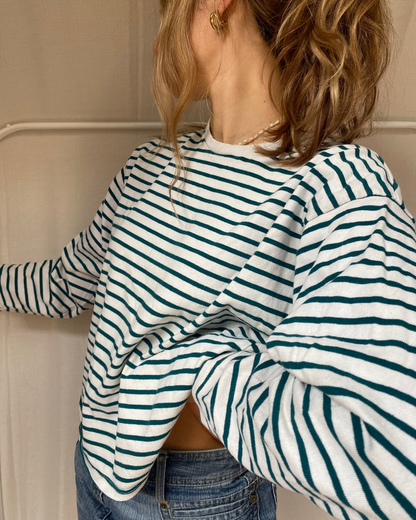 Lockeres Streifen Longsleeve Pull & Bear, weiß grün, baggy, S