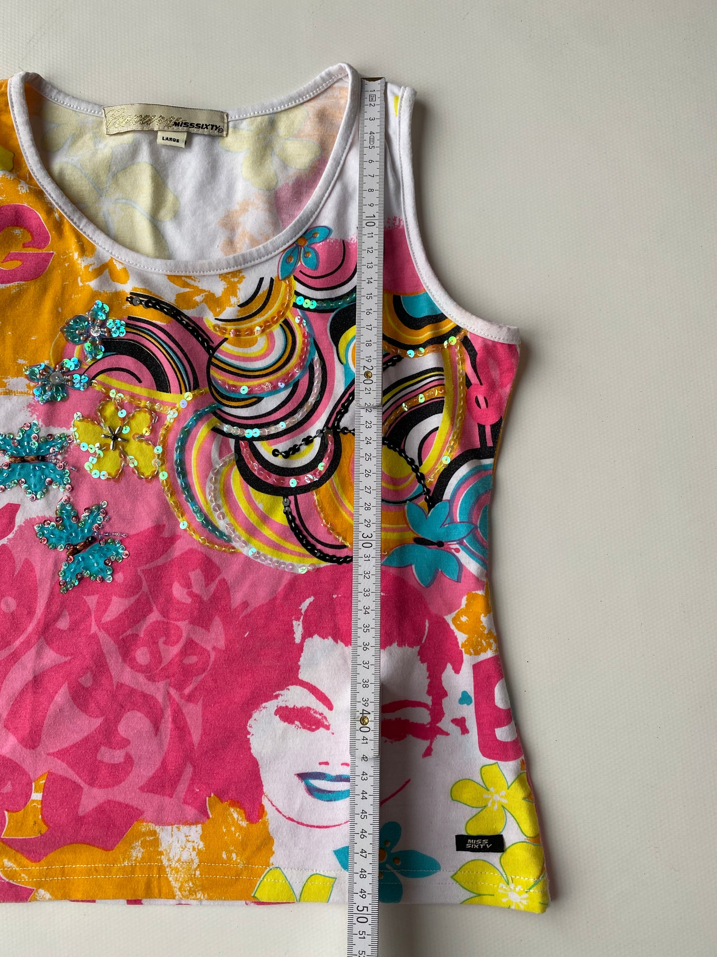 Miss Sixty y2k Top bunt mit Pailletten, florales multicolor Muster, S, M