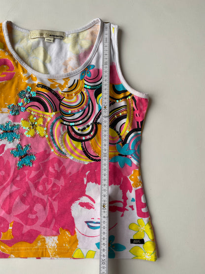 Miss Sixty y2k Top bunt mit Pailletten, florales multicolor Muster, S, M