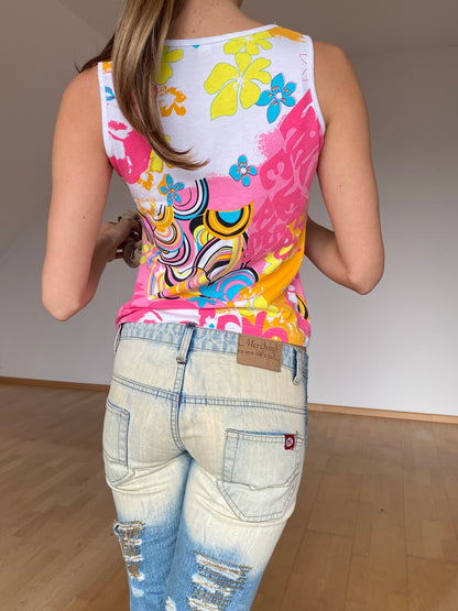 Miss Sixty y2k Top bunt mit Pailletten, florales multicolor Muster, S, M