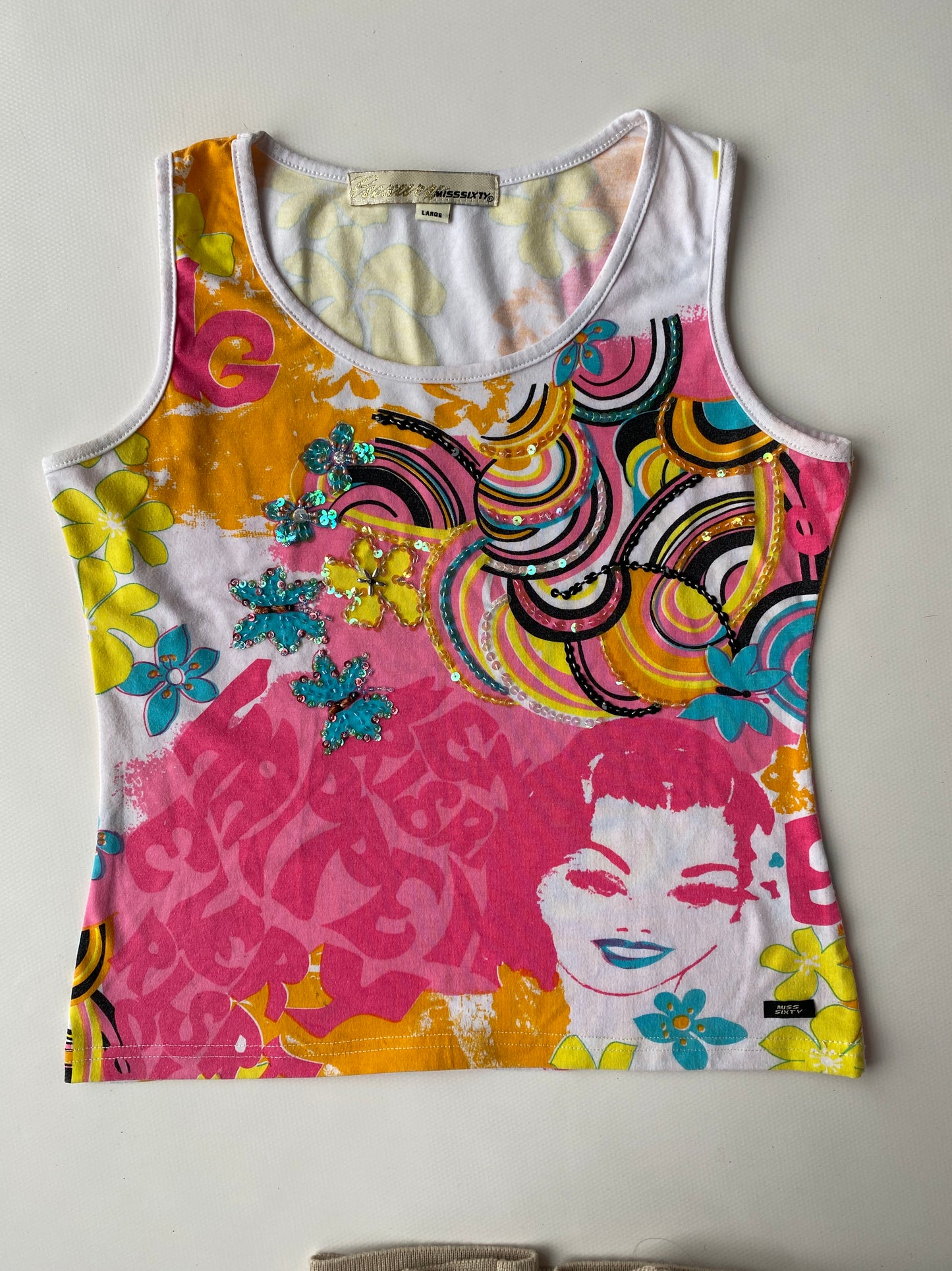 Miss Sixty y2k Top bunt mit Pailletten, florales multicolor Muster, S, M