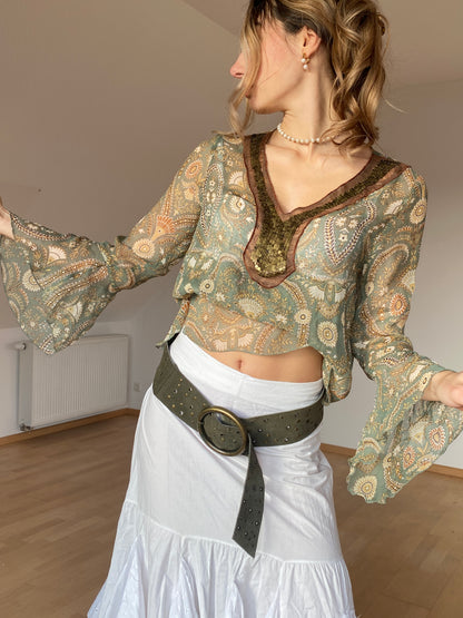 Fairy halbtransparente Seidenbluse Trompetenärmel, Pailletten, grün, M