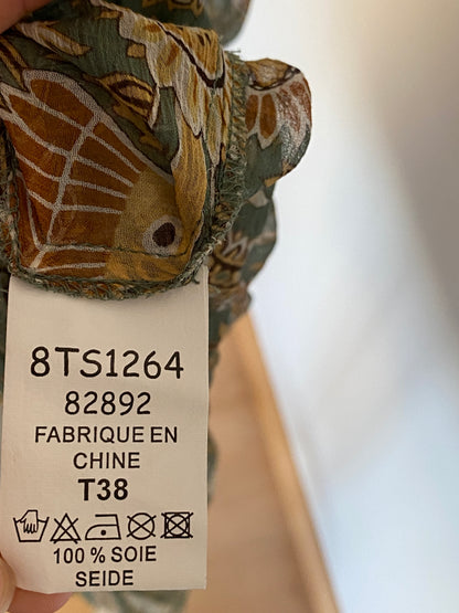 Fairy halbtransparente Seidenbluse Trompetenärmel, Pailletten, grün, M