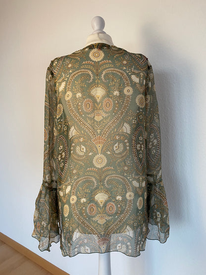 Fairy halbtransparente Seidenbluse Trompetenärmel, Pailletten, grün, M