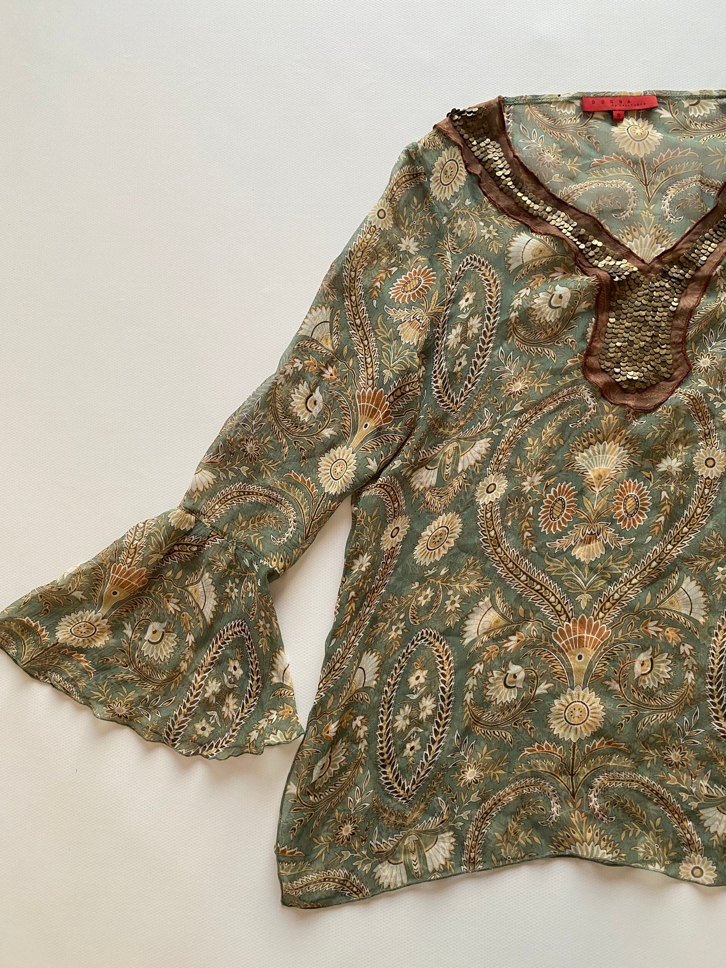 Fairy halbtransparente Seidenbluse Trompetenärmel, Pailletten, grün, M