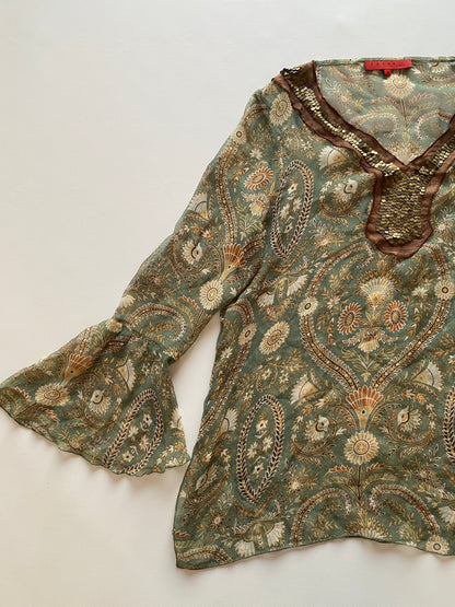 Fairy halbtransparente Seidenbluse Trompetenärmel, Pailletten, grün, M