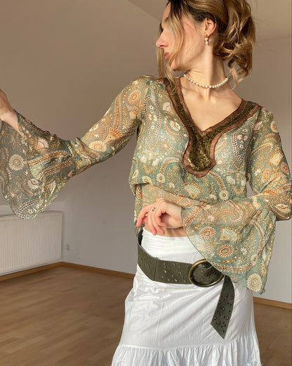 Fairy halbtransparente Seidenbluse Trompetenärmel, Pailletten, grün, M