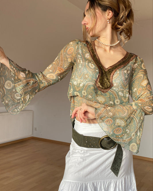 Fairy halbtransparente Seidenbluse Trompetenärmel, Pailletten, grün, M