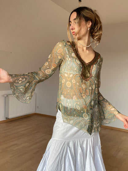 Fairy halbtransparente Seidenbluse Trompetenärmel, Pailletten, grün, M