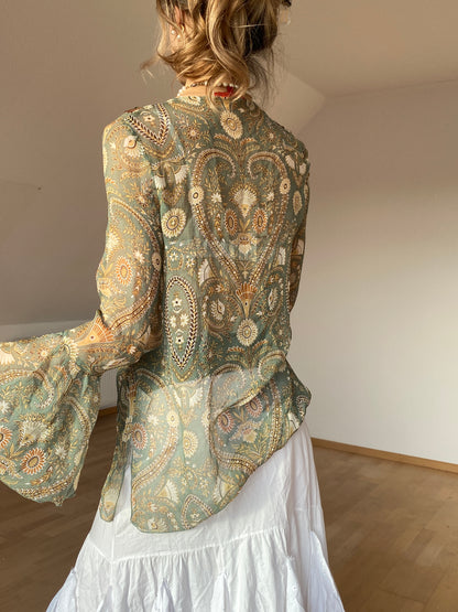 Fairy halbtransparente Seidenbluse Trompetenärmel, Pailletten, grün, M