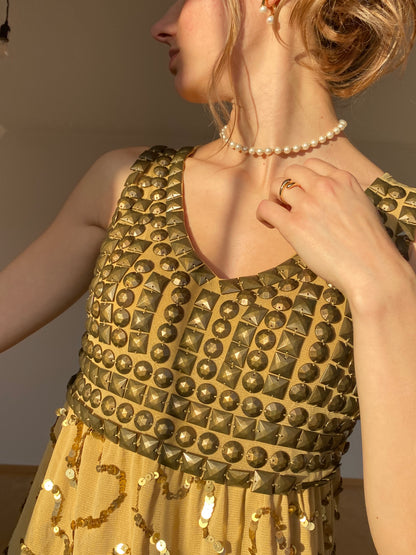 Goldenes Pailletten Top mit Nieten in Metall bronze, Mesh Stoff, M, L