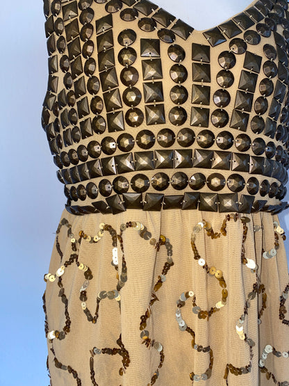 Goldenes Pailletten Top mit Nieten in Metall bronze, Mesh Stoff, M, L