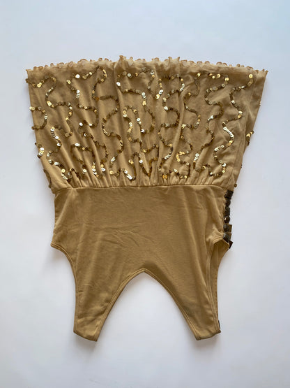 Goldenes Pailletten Top mit Nieten in Metall bronze, Mesh Stoff, M, L