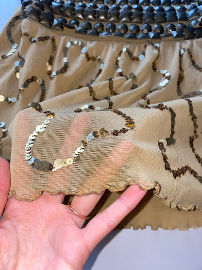 Goldenes Pailletten Top mit Nieten in Metall bronze, Mesh Stoff, M, L