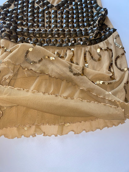 Goldenes Pailletten Top mit Nieten in Metall bronze, Mesh Stoff, M, L