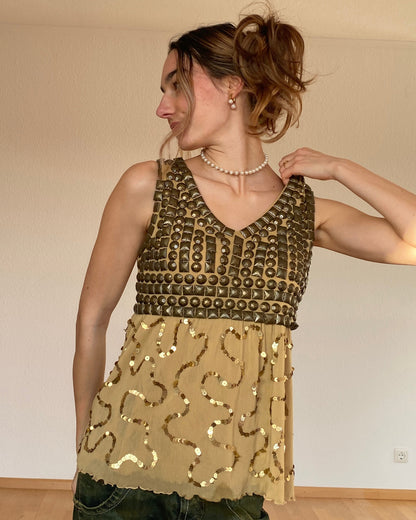 Goldenes Pailletten Top mit Nieten in Metall bronze, Mesh Stoff, M, L