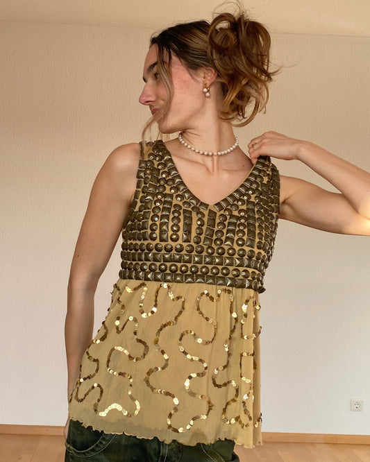Goldenes Pailletten Top mit Nieten in Metall bronze, Mesh Stoff, M, L